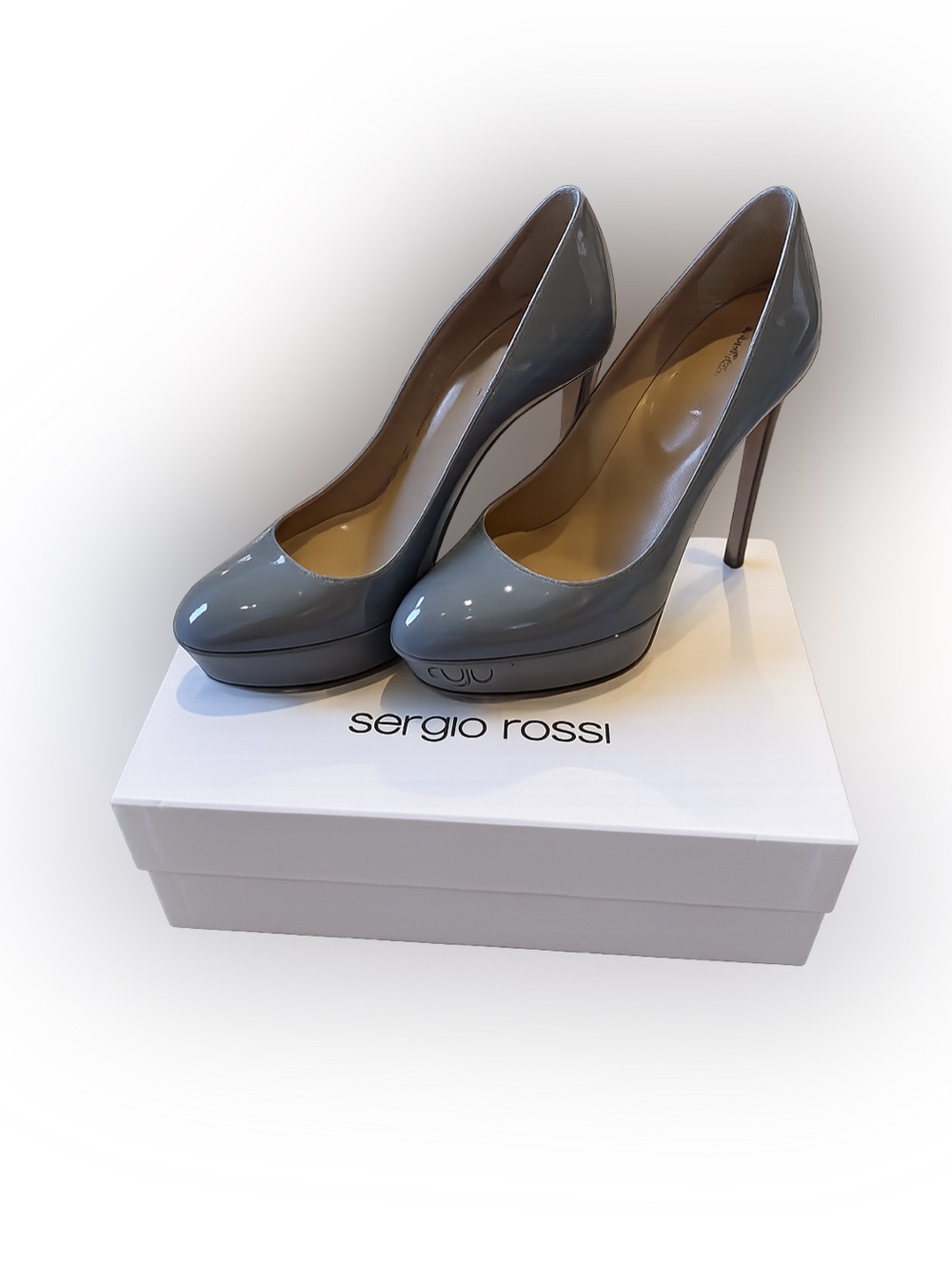 SERGIO ROSSI Patent Leather Platform Stiletto Pumps Gray Size 38 Made in Italy